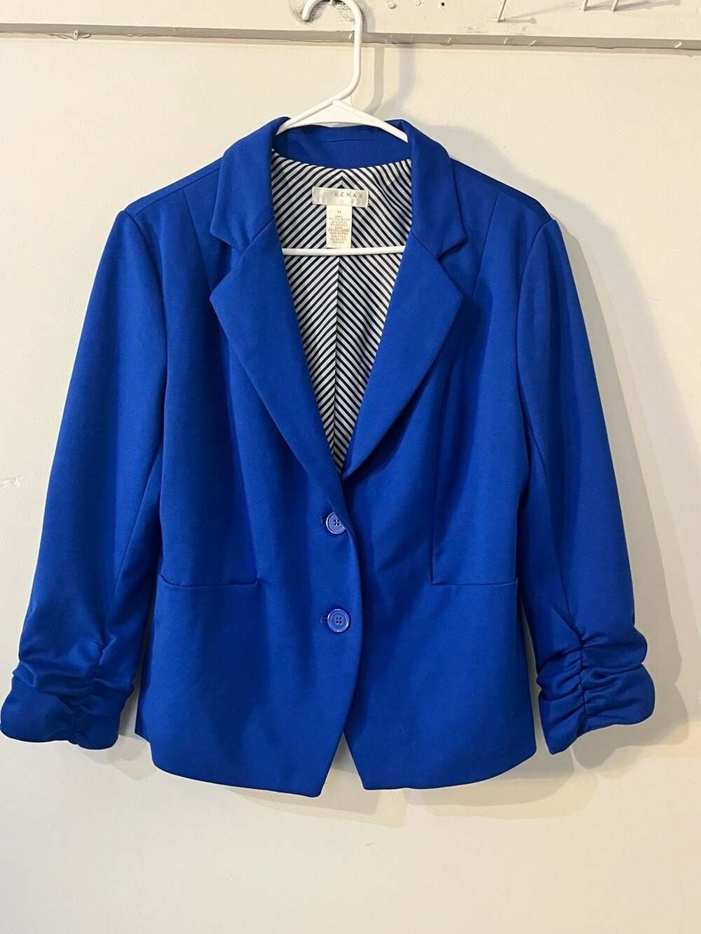 Kenar Blue Open Front Ruched 3/4 Sleeve Blazer 003-103